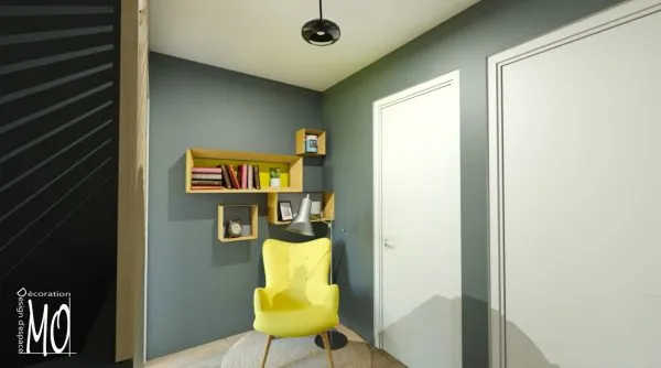 Sélection de finitions soignées et tête de lit bleue pastel