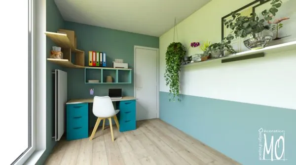 Perspective sur la pièce rénovée avec décoration bohème colorée
