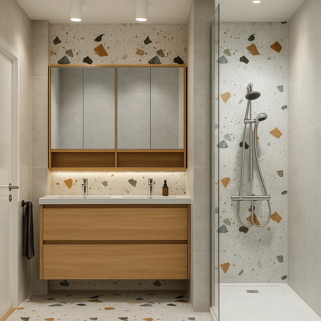Salle de bain avec Terrazzo et bois